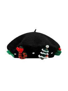 1pc Women's Handmade Cute Christmas Decorative Artist Beret Hat, Thick & Warm For Autumn/Winter, Christmas Decoration, Suitable For Christmas Gift, Carnival Party, Daily Wear