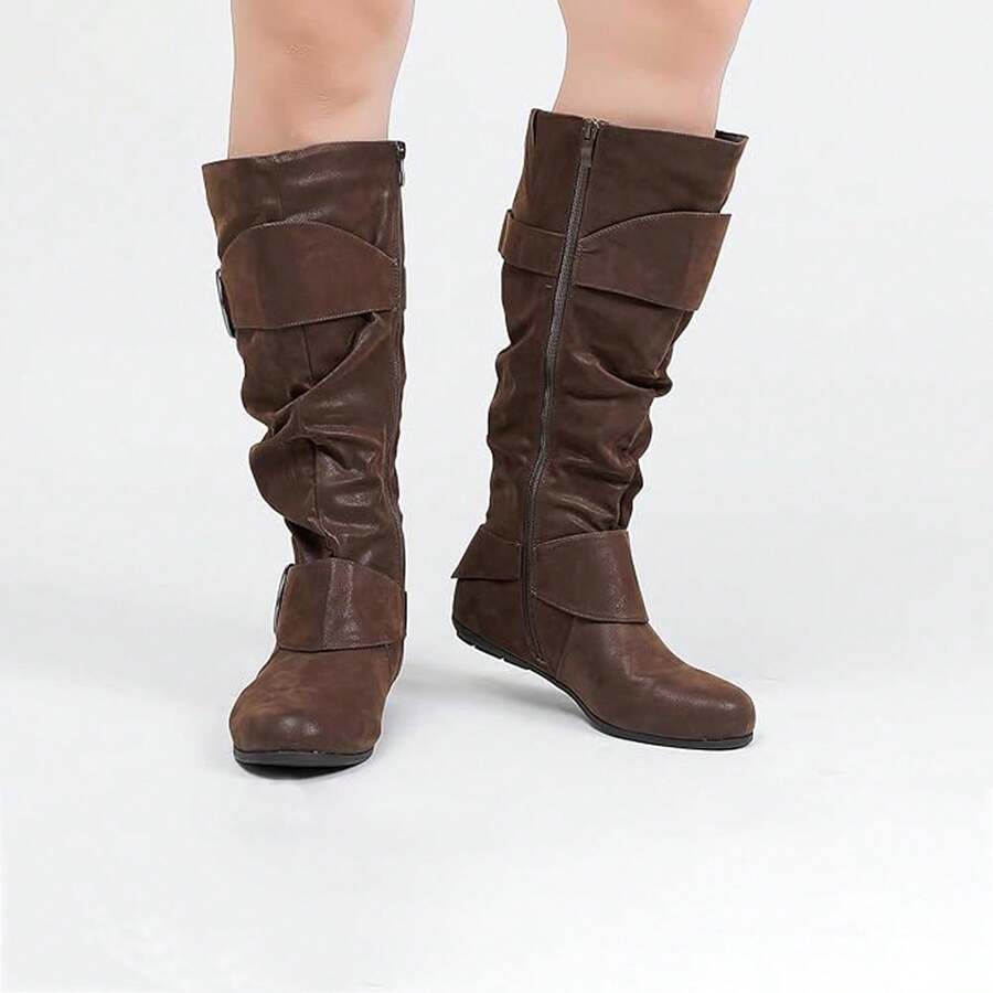 Women's Extra Wide Calf Knee High Slouchy Boots, Wide Width Tall Boots Flat Heel Fall Winter Boots With Side Zipper - DBPU - 查看 1