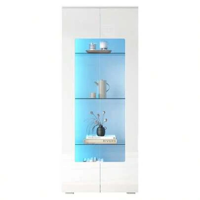 Vitrina de salón de 70*40*173 cm, vitrina con 2 puertas de acrílico, vitrina de alto brillo con tira de luz LED, armario de carga de vidrio templado, mueble de salón ancho, armario alto, MDF, blanco