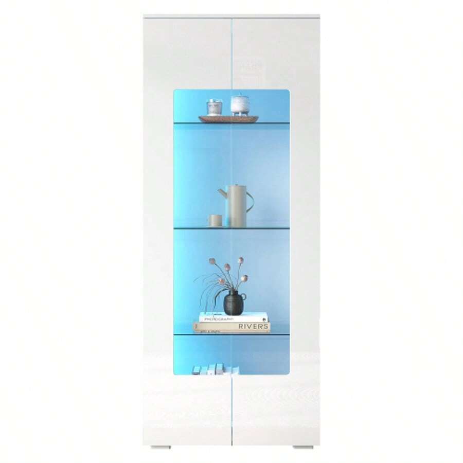 70*40*173cm Living Room Display Cabinet, Display Cabinet With 2 Acrylic Doors, High-Gloss Display Cabinet With LED Light Strip, Load-Bearing Cabinet Made Of Tempered Glass, Wide Living Room Cabinet, Tall Cabinet, MDF, White - White - View 1