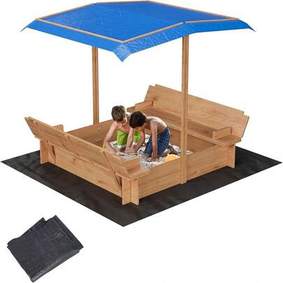 47inch Wooden Sandbox With Lid, Outdoor Sandbox With 2 Benches, Ministry Lining, Adjustable Height And Swivel Top For Kids 3-8 Years, For Beach, Patio And Backyard