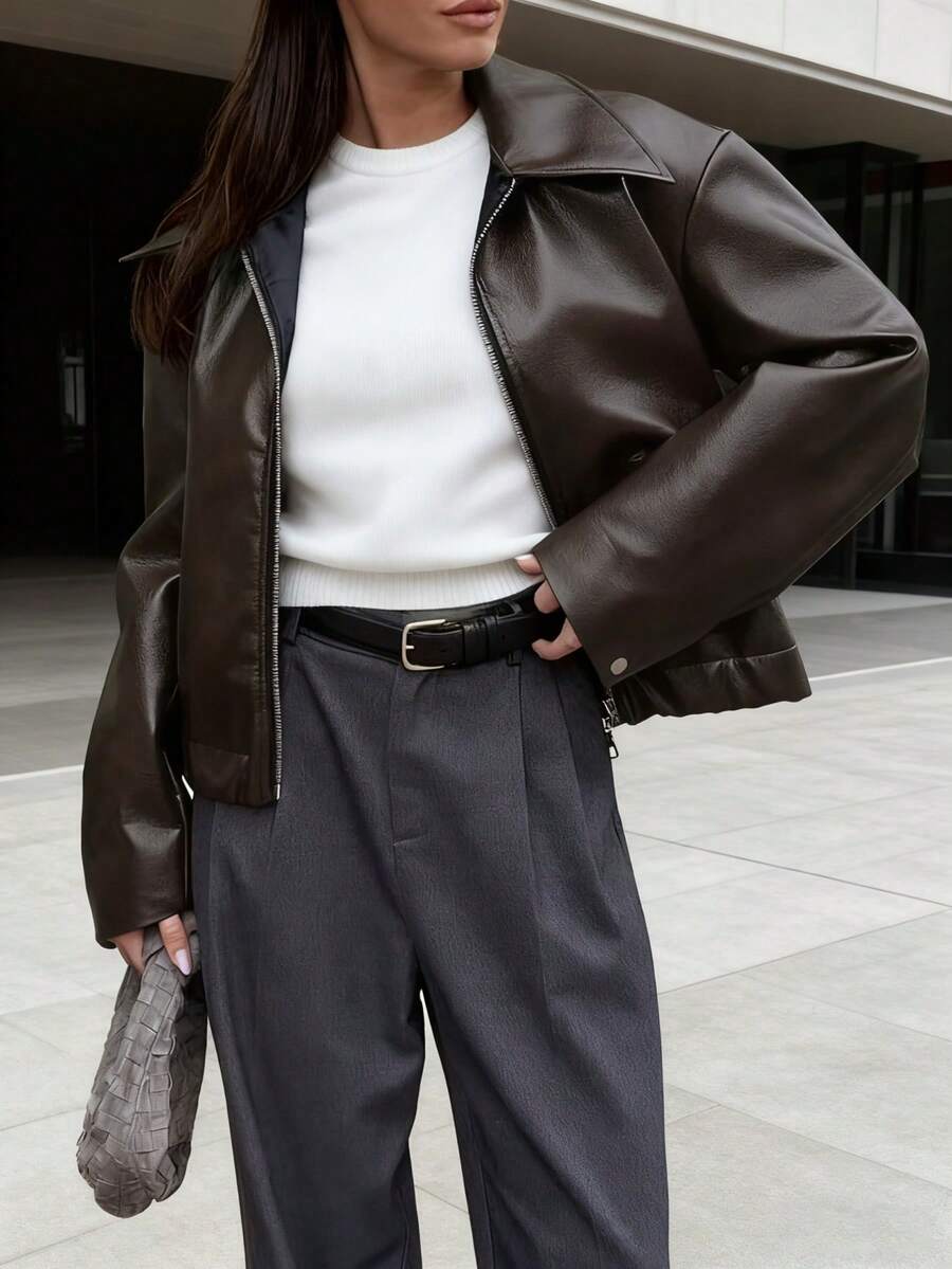 Black Edgy Biker Casual Loose Long Sleeve Leather Jacket For Women, Autumn/Winter Fall Cloth For Women  Women'S Motorcycle Style Faux Leather Jacket - Loose Fit, Zip-Up With Button Details, Beige Casual Streetwear Coat For Winter & Fall, Motorcycle Riding Gear  Jacket  Jackets For Women  Cardigan  Define Jacket  Sports Jacket  Ski Clothes Women  Zip Up Jackets  Fitted Jacket  Winter Coat For Women  Abrigos De Invierno Para Mujer  Buscar  Christmas Outfit Women  Winter Clothes For Women  Vestido De Mujer  Conjuntos Elegantes De Mujer  Conjuntos Elegantes  Winter Clothes For Women  Christmas Outfit Women  New Years Outfit Women  Vacation Outfits Women  Ropa De Invierno Mujer  Dresses For Women Elegant  Christmas Outfit - màu nâu - Xem 1
