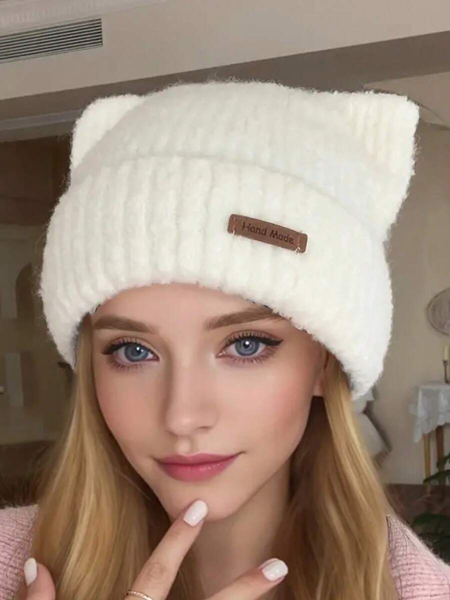 1pc Women's Hat With Leather Label Letter & Small Ears, Knitted Beanie, White, Versatile, Warm & Cozy For Daily Wear In Winter - White - View 1