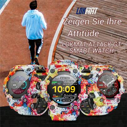 LOKMAT ATTACK GT Smartwatch, Multifunktions-Bluetooth-Anruf, Herzfrequenz, Blutsauerstoff, Schlaf, Gesundheitsüberwachung, Outdoor-Sport, wasserdicht, Informationen, Push, Ausdaueruhr für Erwachsene und Männer