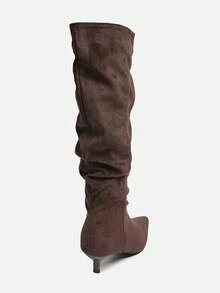 Botas altas de montar vintage de puntera puntiaguda por encima de la rodilla con tacón de gatito plisado, nuevas para otoño/invierno 2025 - Marrón - Ver 4