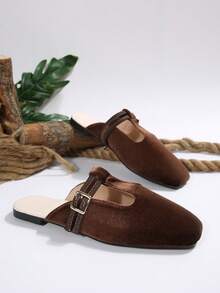 Retro Flat Slip-On Mule Sandals For Women, Spring/Summer, New Slouchy Backless Shoes With Metal Buckle - Coffee Brown - View 6