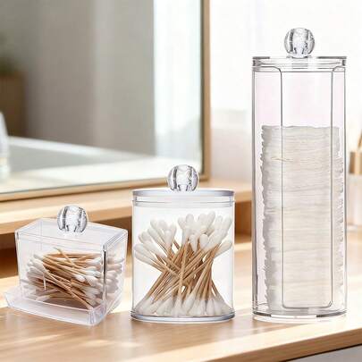 Juego de 3 piezas de almohadillas de maquillaje de la firma PS; Kit organizador de almacenamiento de maquillaje, incluye dispensador de almohadillas de maquillaje redondo, canister transparente de baño con tapa para almacenar almohadillas de algodón, hisopos de algodón y palillos de dientes