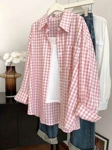 Vielseitige Damen Rosa Gingham Bluse mit Knopfleiste, Hemdkragen und Tasche, Oversized-Passform, Langarm, Nicht-Stretch, Frühling - Pink - Übersicht 2