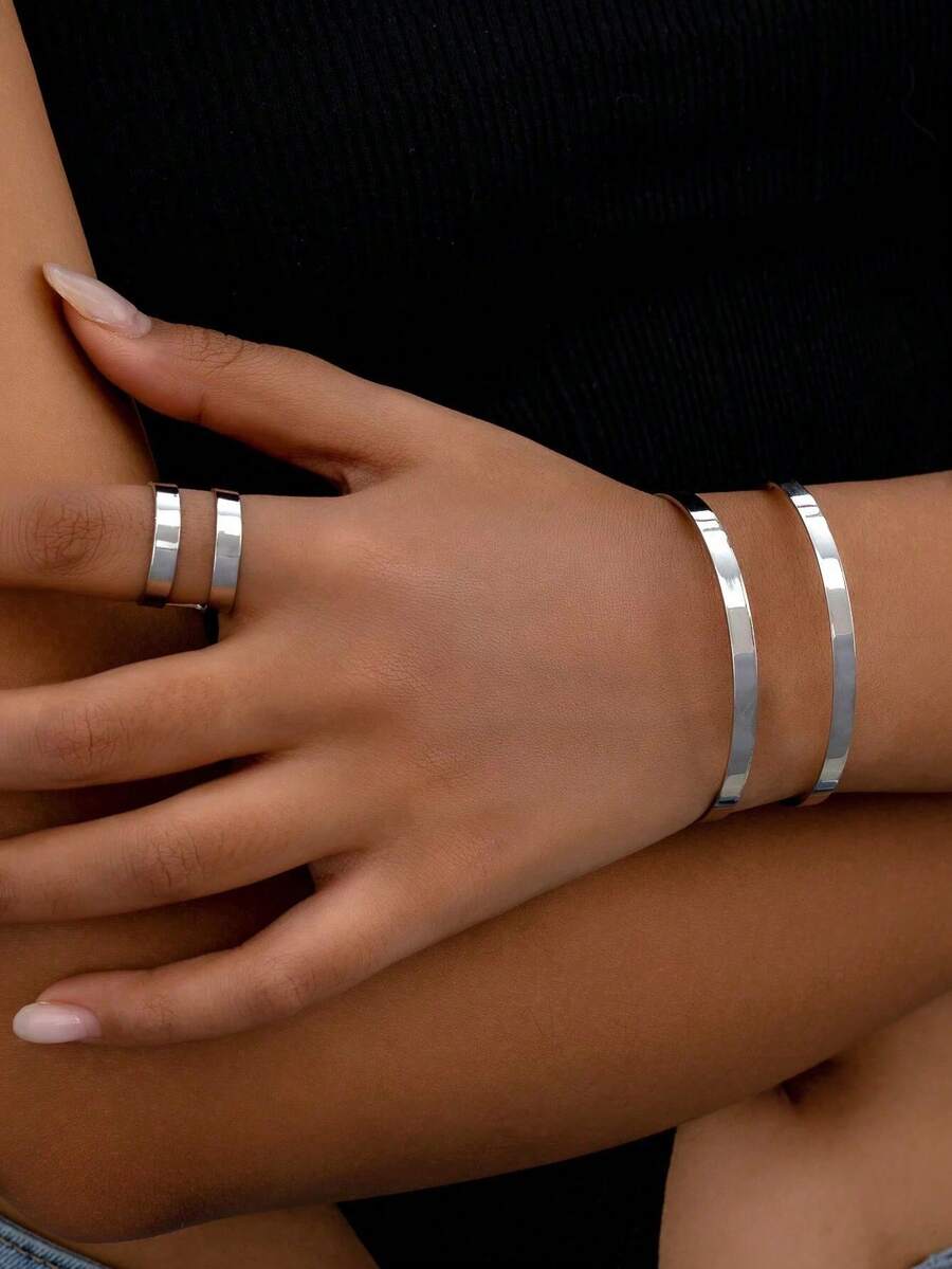 Set Of 2 Adjustable Rings And Bracelets, 2 Strands, Minimalist Luxury, 18k Gold And 925 Silver Plated - Silver - View 1