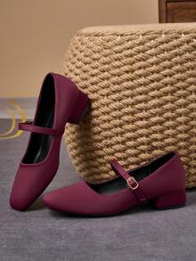 Giày cao gót Mary Jane mũi vuông màu cà phê cao 3cm, thích hợp đi làm, đi chơi, tiệc tối, màu đen cổ điển, giày kaki thường ngày thời trang - Màu Đỏ Sâu - Xem 4