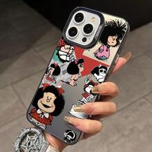 Funda de teléfono de dibujos animados de chica elegante y linda con lazo Mafaldas para Apple  17 Air 16 16e 15 14 13 12 11 Pro Max X XR XSMAX 8 7 Plus, colorida, plateada, mate, carcasa dura, estilo fresco de dibujos animados - Colores mezclados - Ver 1