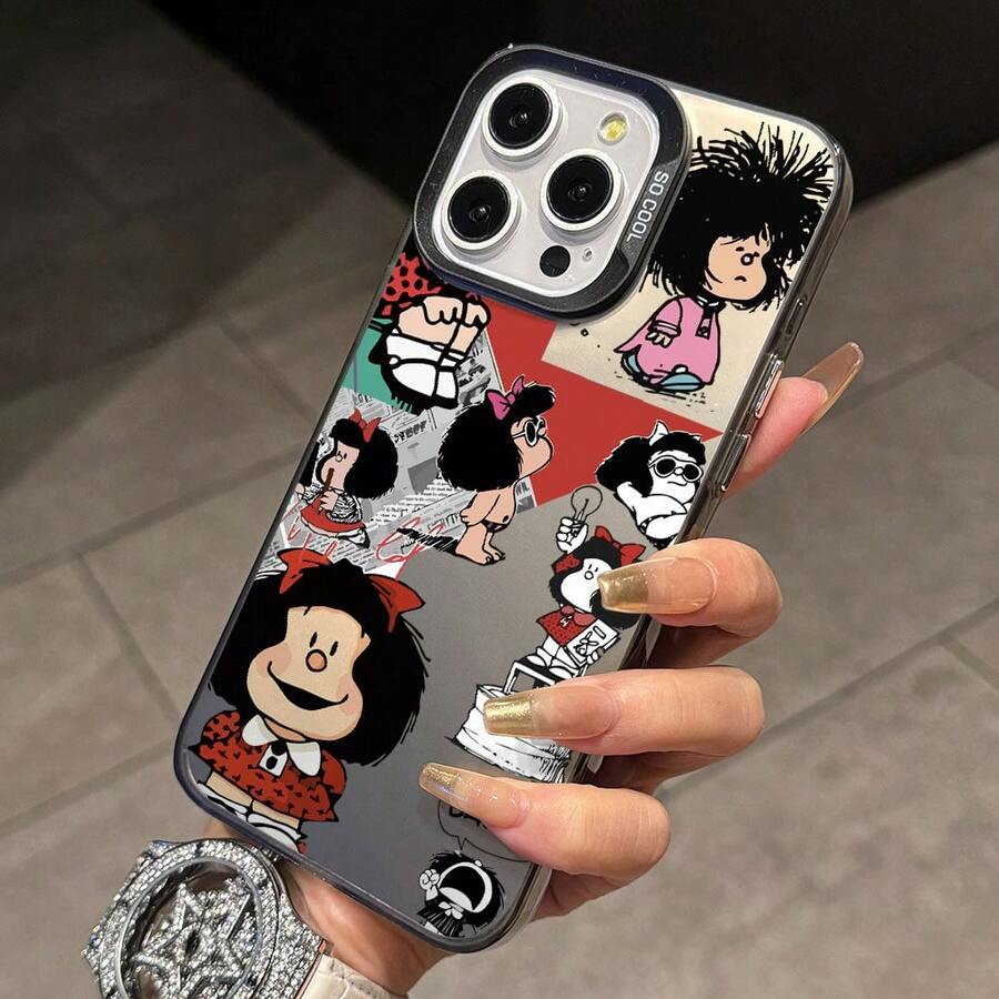 Funda de teléfono de dibujos animados de chica elegante y linda con lazo Mafaldas para Apple 17 Air 16 16e 15 14 13 12 11 Pro Max X XR XSMAX 8 7 Plus, colorida, plateada, mate, carcasa dura, estilo fresco de dibujos animados - Colores mezclados - Ver 1