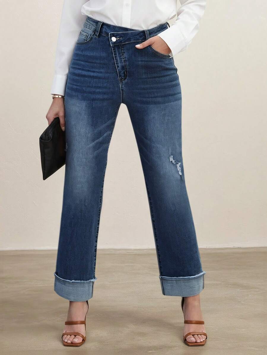 Women's Asymmetrical Waistline Pockets Stretchy Casual Foldable Fashion Jeans, Capris For Women, Pride 4th Of July Outfits For Women, Vacation Outfits For Women, Capri Jeans - Blue - View 1