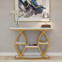 LITTLE TREE Space-Saving 39.4 Inch Console Table, Industrial 4-Tier Narrow Table With Storage For Hallway & Foyer, White And Gold Metal Frame Accent Piece For Small Spaces - Gold - View 5