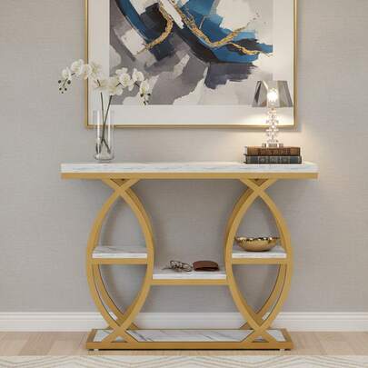 LITTLE TREE 100cm Space Saving Console Table, Industrial 4-Tier Narrow Storage Table, White & Gold Metal Frame Accent Table For Hallway Foyer Small Spaces