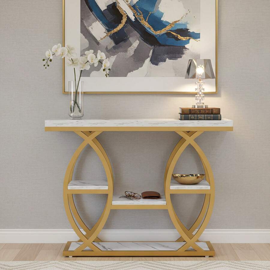 LITTLE TREE 100cm Space Saving Console Table, Industrial 4-Tier Narrow Storage Table, White & Gold Metal Frame Accent Table For Hallway Foyer Small Spaces - Gold - View 1