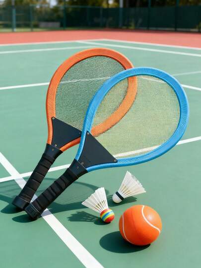 1 Set Badminton And Tennis Rackets, Includes 2 Rackets + 1 Shuttlecock + 1 Ball, Sports Game, Durable Indoor/Outdoor Interactive Toy, Great For Birthday Gift, Party Game (Blue And Orange)