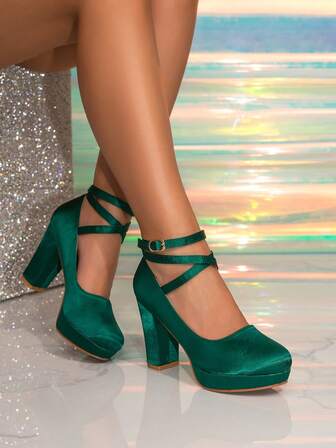 Women's Fashion High Heel Platform Thick Heel Green Pumps, Suitable For All Seasons