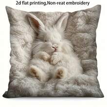 1pc Cute Rabbit Print Cushion Cover - Realistic Angora Rabbit Print, Soft Velvet Fabric Cover, Suitable For Sofa, Bed, Chair Decor (Inner Pillow Not Included) - Beige - View 1