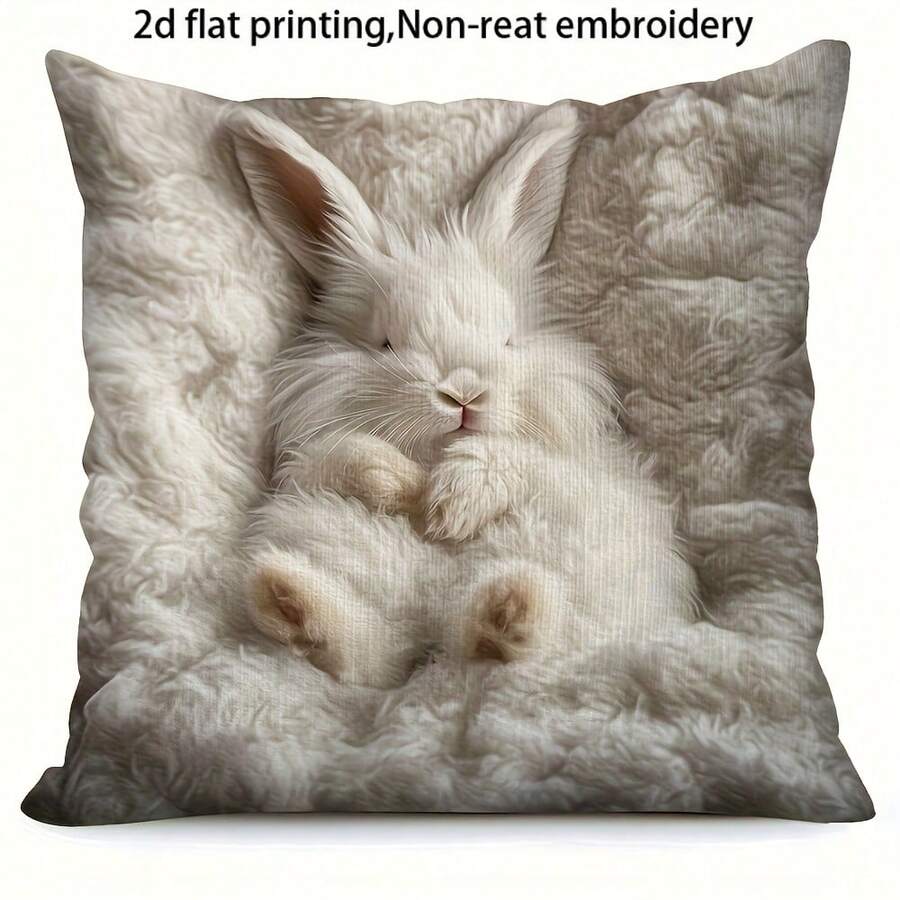 1pc Cute Rabbit Print Cushion Cover - Realistic Angora Rabbit Print, Soft Velvet Fabric Cover, Suitable For Sofa, Bed, Chair Decor (Inner Pillow Not Included) - Beige - View 1