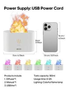kinscoter 1个USB供电180毫升彩色火焰香薰机，超声波冷雾加湿器，精油香薰机，适用于家庭、酒店、办公室