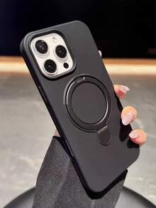 1pc Luxury Liquid Silicone Matte Invisible Ring Holder Stand Case For IPhone17Promax 16 15 14 13 12 11 Pro Plus Max Wireless Charge - Black - View 5