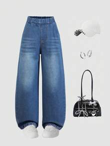 Teen GirlCasual Jeans With Heart Embroidery Pockets, Straight Leg Wide Leg Pants, Versatile Loose Fit, Autumn/Spring - Blue - View 2
