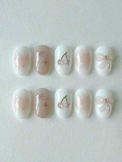 10片纯手工制作美甲贴片，短款椭圆形美甲，粉色系，温柔甜美风格，白色底粉色渐变，3D蝴蝶结，樱桃图案，可爱简约美甲贴片，适合女性和女孩，春夏秋冬节日派对及日常佩戴，手工美甲贴片