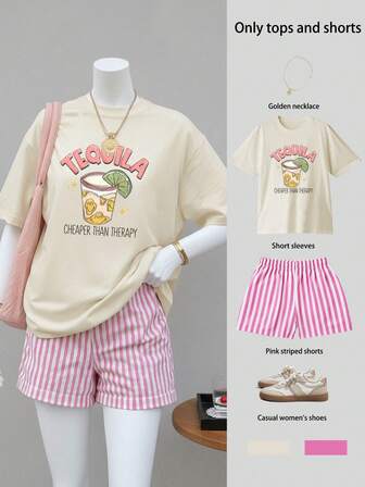 TEQUILA Printed Women's Oversize Short-Sleeved Top With Striped Shorts Set, Tops, Summer Clothing, Short-Sleeved,Chinese New Year, Lunar New Year, Year Of The Year Of The Horse, Spring Festival,Happy New Year , Valentine's Day, Valentine's Gift, Valentine's Day Gift For Her, Valentine's Present