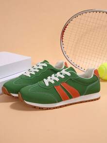 Zapatillas de deporte de mujer con bloques de color retro, zapatos casuales con rayas laterales de ante, entrenadores ligeros y versátiles para estudiantes - Verde militar - Ver 3