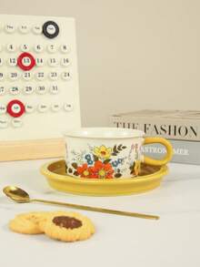 1 Set Hand-Painted Retro Ceramic Coffee Cup & Saucer, 4 Styles Available, Suitable For Home, Office, Cafe Use, Great Gift Option - Multicolor - View 2