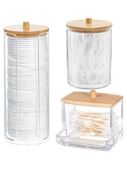 1pc/2pcs/3pcs Qtip Storage Box Transparent Bathroom Storage Jar, Swab/Round Pad/Ball Storage Box, Cosmetic Storage Box, Suitable For Bathroom Dressing Table