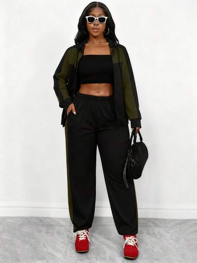 双色拉链前开襟休闲长袖衬衫，带帽和口袋，搭配松紧腰裤，适合户外活动和休闲穿着，情人节礼物。