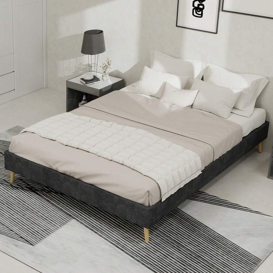 Modern Minimalist Bed Frame, 140*200CM, Grey, In Dutch Velvet, Low Slatted Base, Modern Style Bedroom Furniture, Without Gas Spring, Without Headboard Or Mattress. - Gray + Fabric + Metal + Memory Foam - View 1