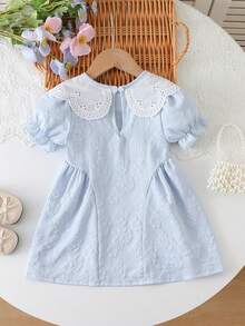 Girls' Light Blue Jacquard Doll Dress, Hollow Out Collar Ruffle Trim Short Sleeve Dress, Suitable For Everyday Wear