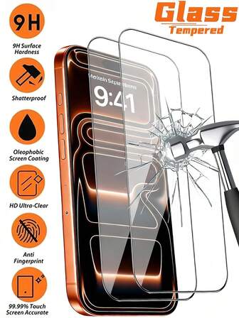 2 piezas de protector de pantalla de vidrio templado ultra resistente y de alta definición compatible con iPhone 17/17Pro/17Air/17Pro Max, 16/16Pro/16Plus/16ProMax, 15/15Plus/15Pro/15Pro Max, 14/14Plus/14Pro/14Pro Max, 13Mini/13/13Pro/13Pro Max, 12Mini/12/12Pro/12Pro Max, 11/11Pro/11Pro Max. Resistente a arañazos, anti-caídas, anti-huellas dactilares, dureza 9H, fácil de instalar.
