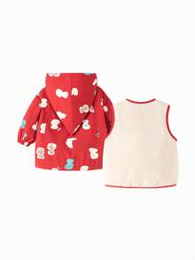 mini bala 3-In-1 Baby Girl Soft Shell Anti-Static Hooded Jacket With Gourd Pattern, Matching Vest Set, Winter & New Year - White and Red - View 2