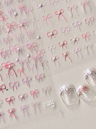1sheet 5D Embossed Pink Bow Nail Sticker, Faux Pearl Ribbon Decal, Cute Balletcore DIY Manicure Decoration