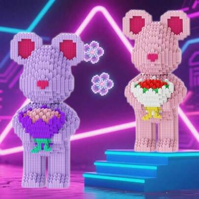 Cute Bear Holding Flower Building Blocks | Novel, Stress-Relieving Small Particle 3D Assembly, Construction Toy Set | Desktop Decor, Ornament | Birthday, Valentine's Day, Christmas Gift
