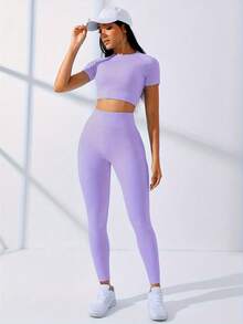 Workout Sets Outfits For Women – Yoga Leggings With Short Sleeve Crop Top, Slim Fit Tummy Control Butt Lifting Waist Shaping, Seamless Ribbed Texture, Breathable Soft Fabric, Non-Pilling, Perfect For Fall Winter Gym Yoga Running Fitness - 淺紫色 - 查看 4