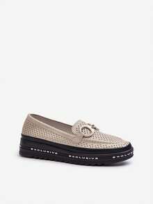 Mocassins élégants en cuir perforé pour femmes, premium, fabriqués en véritable cuir naturel, sur une plateforme confortable avec un ornement attrayant, marque S.Barski, modèle LR750, couleur beige, beige, or, blanc - Doré - Voir 3