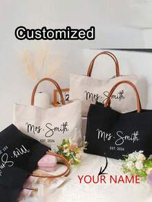 Custom Tote Bag,Personalised Signature Canvas Tote Bag With Name And Handle Birthday Bridesmaid Gift For Women,Perfect For Weddings, Bridal Parties & Travel - Ivory,Perfect Gift For Holiday/Thanksgiving Day/New Year Valentine's Day - Multicolor - View 2