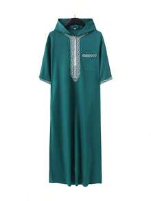 Loose Muslim Men's Robe, Short Sleeve Embroidered Hooded Zip-Up Robe, Islamic , Men's Casual Long Robe - Dark Green - View 5