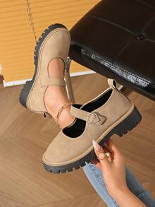 Black Mary Jane Casual Shoes For Women, Thick Sole, Non-Slip, Buckle Strap, Chunky Heel, Suitable For Spring & Autumn