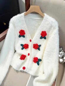 JIANHU Áo len cardigan lông mới mùa xuân dành cho nữ, cổ chữ V, thêu nút cổ điển, áo khoác ngoài thời trang - Đỏ - Xem 4