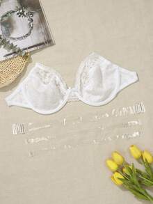 Plus Size Women Lace Transparent Strap Backless Bra, Hidden Underwire Bra - White - View 3