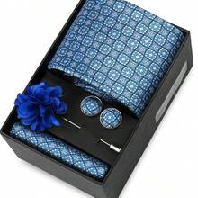 男士正式婚礼领带套装，涤纶面料领带，口袋巾，袖扣，胸针礼盒套装，金色格子图案 - 混色 - 查看 46