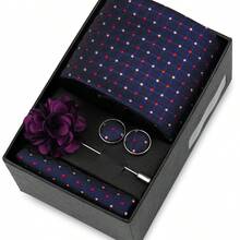 男士正式婚礼领带套装，涤纶面料领带，口袋巾，袖扣，胸针礼盒套装，金色格子图案 - 混色 - 查看 37