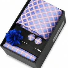 男士正式婚礼领带套装，涤纶面料领带，口袋巾，袖扣，胸针礼盒套装，金色格子图案 - 混色 - 查看 59