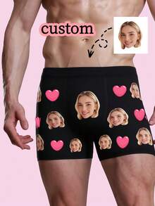 1pc Men's Customized Pattern & Pink Heart Print Black Personalized Underwear, Valentine's Day Gift - Multicolor - View 2